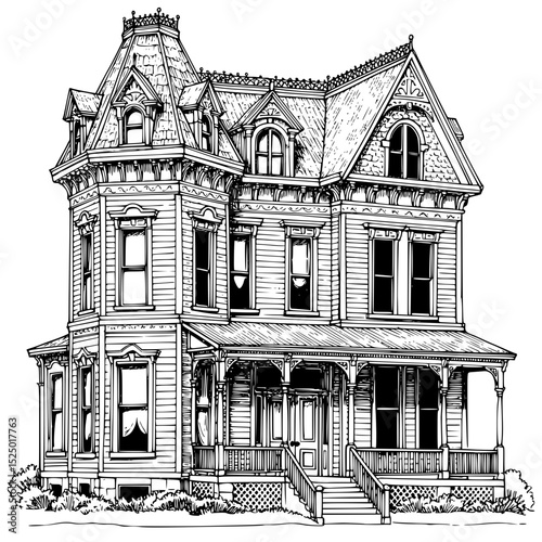 Victorian Home Architectural Silhouette Illustration