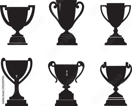 Black Silhouette Trophy Cup Vector Collection: Award, Achievement, Competition, Victory, Success, Graphic Design Element Set