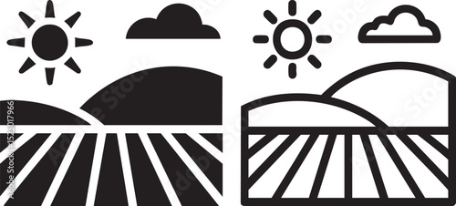Black And White Farm Field Landscape Icons With Sun And Cloud Isolated On White Background Symbol For Agriculture Nature And Countryside
