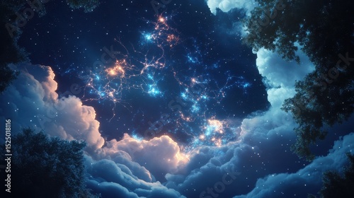 a night sky scene of brain neurons firing in harmony during rem sleep, showing emotional processing.