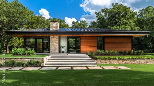 Contemporary ranch home featuring a sleek mono pitch roof design.