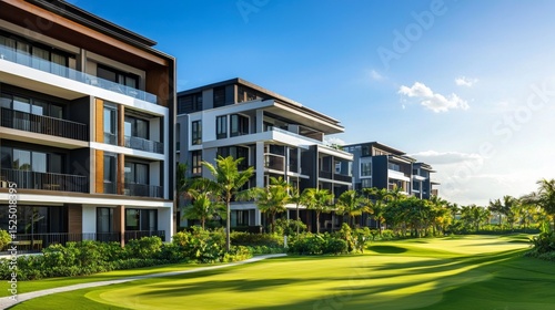 Lush green landscape surrounding a modern residential complex.