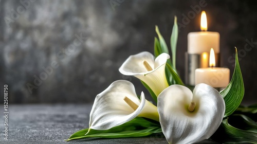 A peaceful funeral setting featuring soft gray textures and delicate blooms.