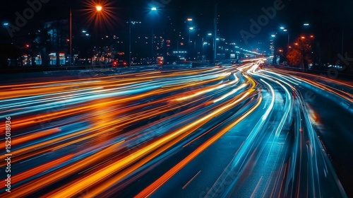 Futuristic car speeding through illuminated streets at night.