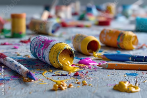 Childs art corner filled with vibrant finger paints and markers Generative AI