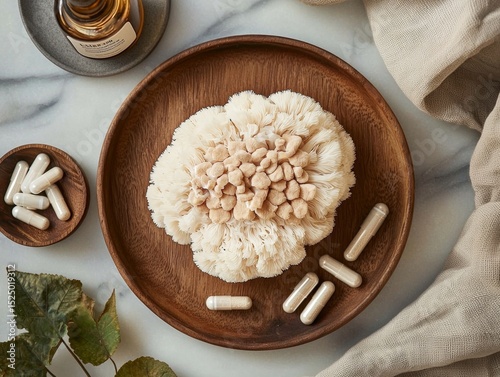 Aesthetic overhead shot of mushrooms with dietary supplements.