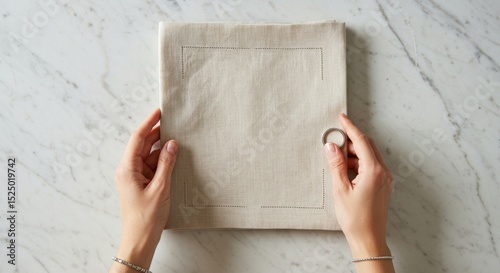 Linen napkin mockup held on marble surface for design presentation