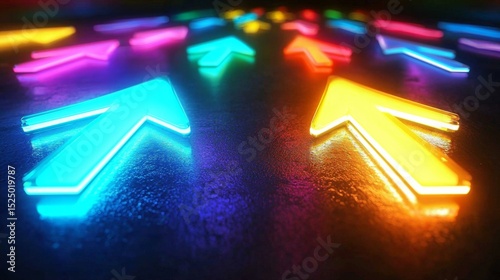 Vibrant neon arrows illustrating diverse directions and choices.