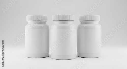 Three White Pill Bottles: Pharmaceutical Mockup