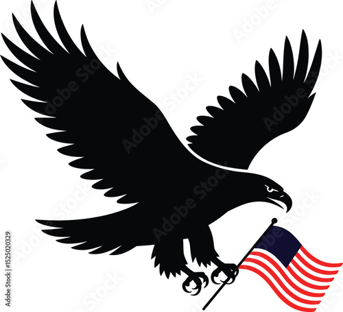 American bald eagle in flight carrying us flag against clean white background