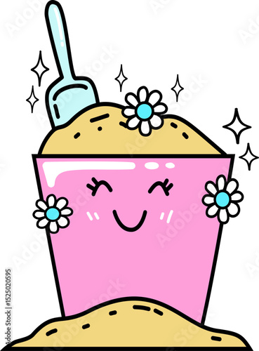 Retro Groovy Cute Bucket of Sand with Daisies Illustration