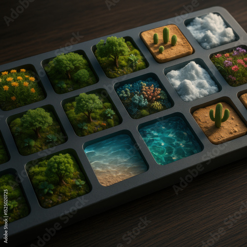 Miniature biome tiles representing diverse ecosystems in grid tray