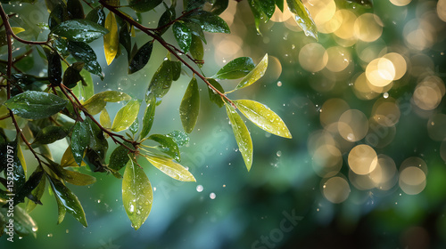 Rain Drops on Lush Green Leaves A Soft Bokeh Background
