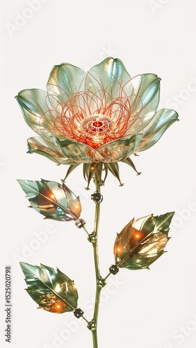 A close up of a metallic flower with red filament center and leaves on a white background