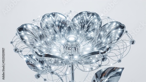 A shiny silver flower lamp with delicate wire details and small glowing lights on a white background