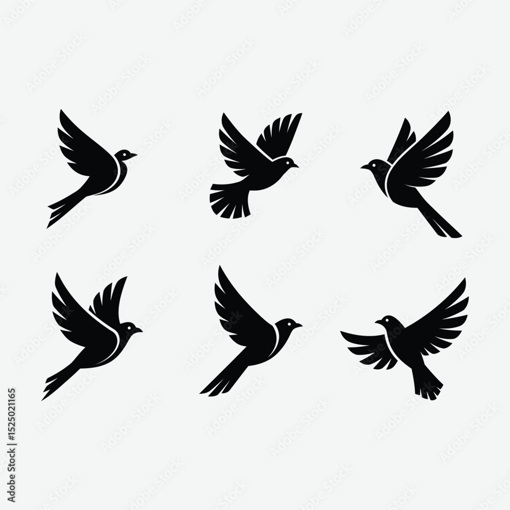 Fototapeta premium Discover this minimalist bird logo set featuring six unique, black, geometric bird designs in flight. Each logo showcases clean, abstract shapes with symmetrical composition .