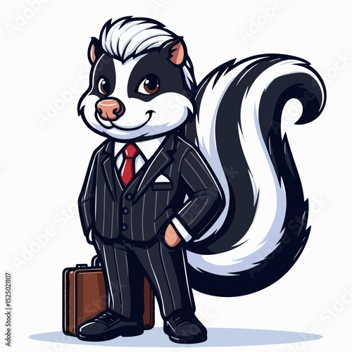 Smart Skunk in Suit: A charming anthropomorphic skunk, impeccably dressed in a pinstripe suit and tie, stands confidently holding a briefcase, showcasing a blend of intelligence, sophistication.