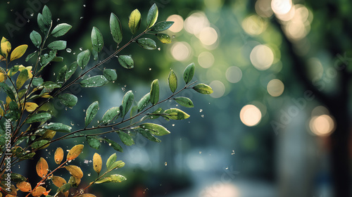 Soft Green Foliage with Rain Drops Blurred Bokeh Background