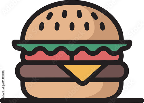 Delicious classic burger illustration with cheese lettuce tomato and a sesame seed bun