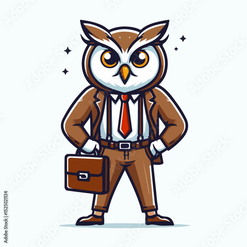 Owl in Suit: A stylish owl stands confidently, dressed in a tailored suit and holding a briefcase, representing the essence of wisdom, intelligence, and a unique professional character.