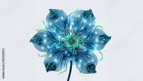 A luminous blue flower with delicate petals and glowing lights against a white background space