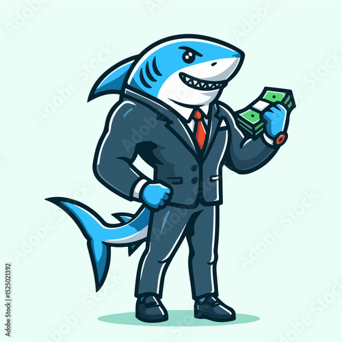 Shark's Financial Dominance: A strong, assertive cartoon shark, dressed in a smart suit, brandishes cash, embodying the concept of financial prowess and business dominance.