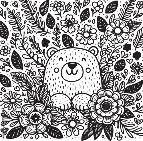 Adorable Tiger Cub Nestled Among Blooming Flowers Delightful Black and White Illustration Perfect for Kids