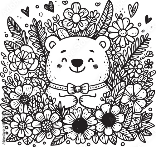 Adorable Tiger Cub Nestled Among Blooming Flowers Delightful Black and White Illustration Perfect for Kids