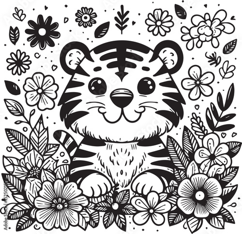 Adorable Tiger Cub Nestled Among Blooming Flowers Delightful Black and White Illustration Perfect for Kids