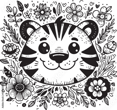 Adorable Tiger Cub Nestled Among Blooming Flowers Delightful Black and White Illustration Perfect for Kids