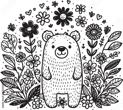 Adorable Tiger Cub Nestled Among Blooming Flowers Delightful Black and White Illustration Perfect for Kids