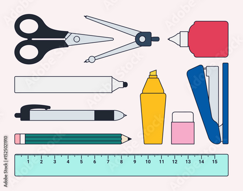 vector of various types of stationery. pencil, pen, marker, eraser, ruler, scissors, stapler, highlighter pen, pair of compasses, correction fluid