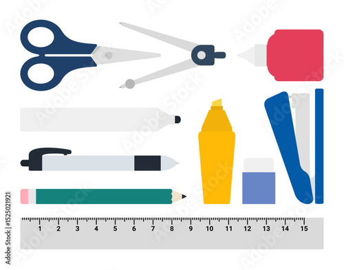 vector of various types of stationery. pencil, pen, marker, eraser, ruler, scissors, stapler, highlighter pen, pair of compasses, correction fluid