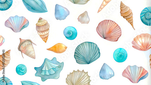 Delightful collection of watercolor seashells in soft pastel tones, intricately designed and arranged against a light backdrop, evoking a sense of summer, serenity, and beachside charm.
