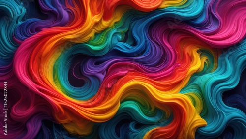 A vibrant swirl of rainbow hues flows dynamically across the canvas