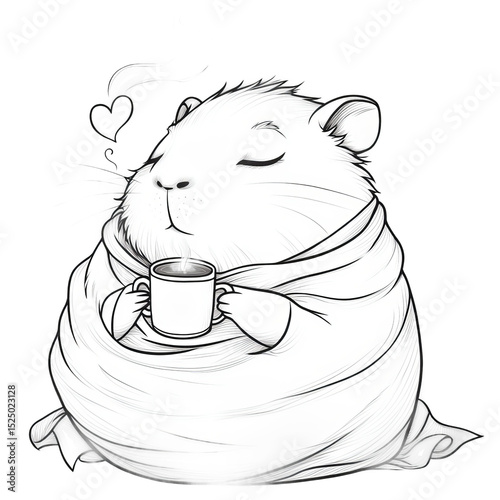 A cozy, content hamster enjoys a warm beverage, enveloped in a comforting blanket, exhaling a heart-shaped wisp, exuding a feeling of serene happiness and contentment.
