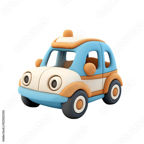 A playful and cute cartoon car with a blue, white and orange color scheme, with a friendly, approachable design and appeal, perfect for conveying concepts of transportation and fun.