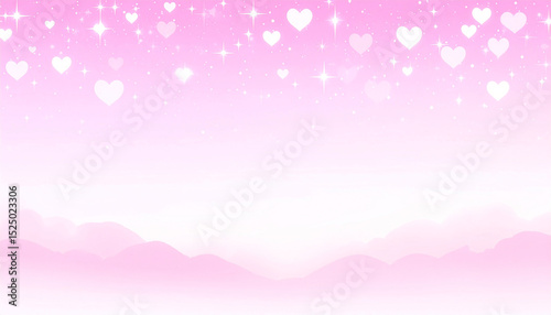 Soft pink landscape with heart-shaped sparkles and a hazy mountain range in the foreground, creating a dreamy, romantic atmosphere