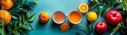 Many different fruits and vegetables arranged on a table banner copy space