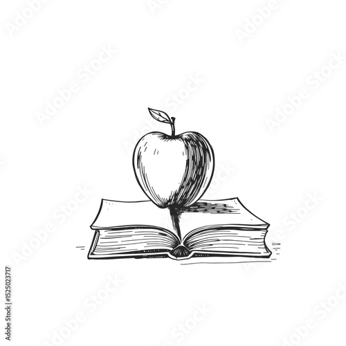 Hand-drawn illustration of an apple resting on an open book, symbolizing education and knowledge