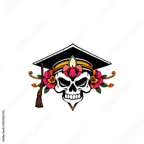 Colorful design featuring a skull in a graduation cap adorned with flowers, symbolizing education and rebellion

