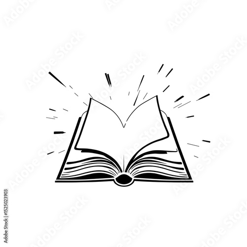 Open book illustration with dynamic lines emanating from the pages, symbolizing knowledge and creativity