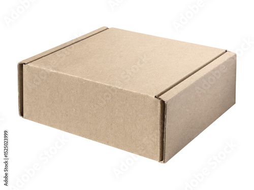 Closed brown cardboard flap box mockup on transparent background, showcasing its simple square design and smooth texture. Isolated