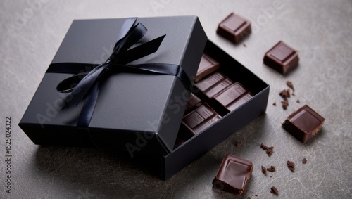 A dark chocolate gift box with a ribbon sits on a gray surface, surrounded by scattered pieces of dark chocolate