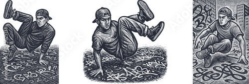 Dynamic male breakdancer captured mid-spin on vibrant graffiti-covered pavement, detailed engraving and woodcut style design showcasing urban street dance energy and motion artistry.