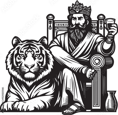 Majestic King enthroned with a Bengal tiger a powerful black and white illustration perfect for graphic design projects and regal themes.