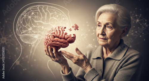 Alzheimer's disease concept. Elderly woman holding brain symbol, a jigsaw puzzle with missing piece. World Alzheimer's Day. Memory loss, dementia, cognitive decline, senior mental health awareness.