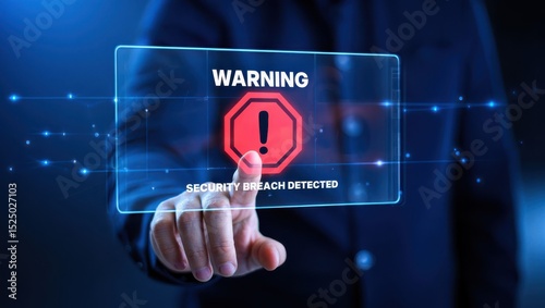 A hand interacts with a digital warning of a security breach detected