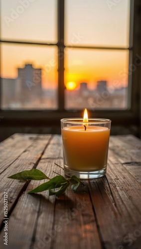 Golden sunset light illuminates a softly glowing candle on a rustic wooden table