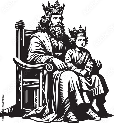 King with her child seat on a royal chair, black and white vector